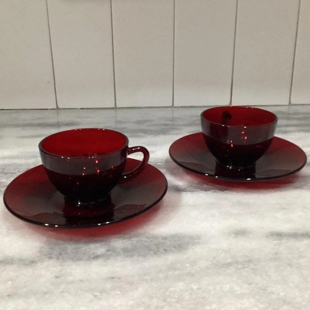 Anchor‎ Hocking Royal Ruby Red Teacups & Saucers, Set of 2, Vintage Glassware